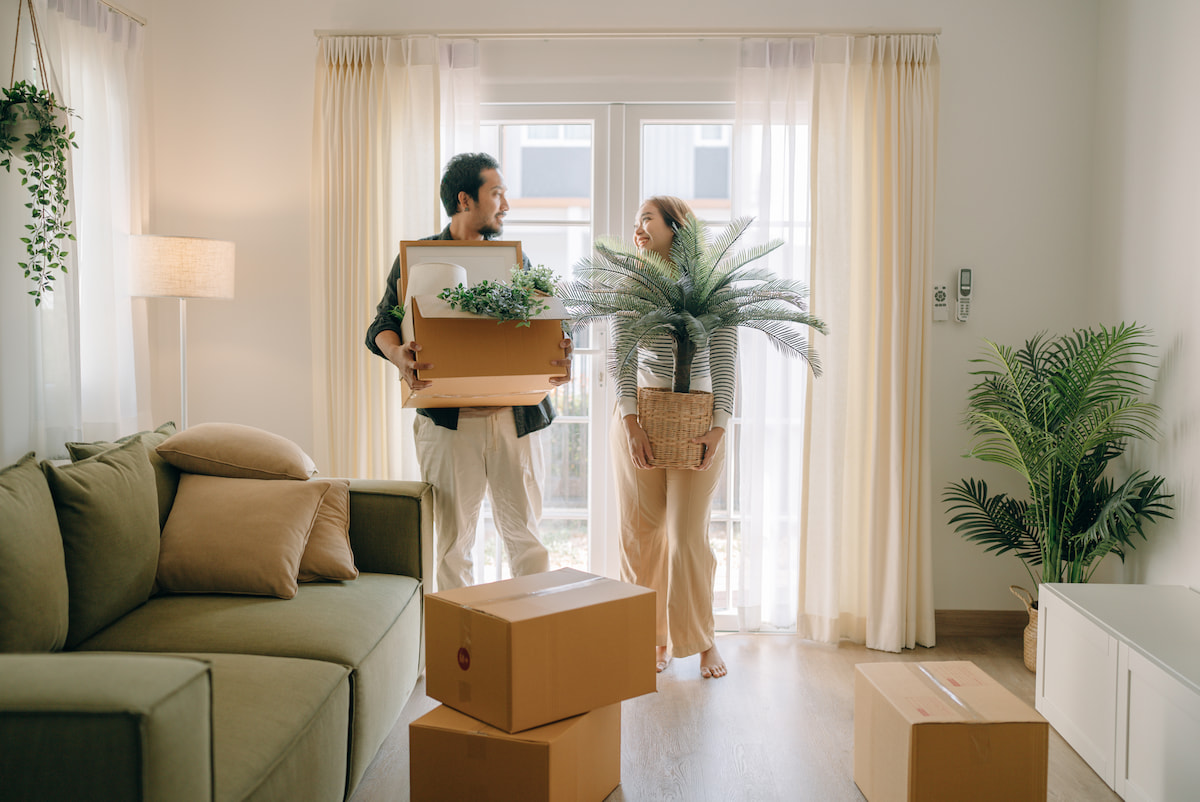 Happy couple on moving day